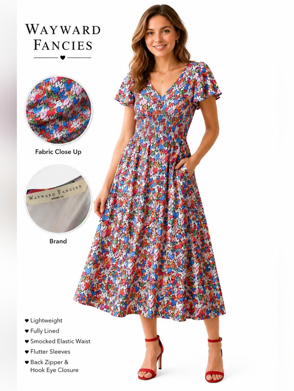 Wayward Fancies Heart Print Midi Dress Size Small 4 Smocked Waist Colorful